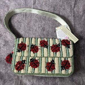 Handcrafted In India Beaded Striped Lady Bug Bag w Charm Viral NWT
